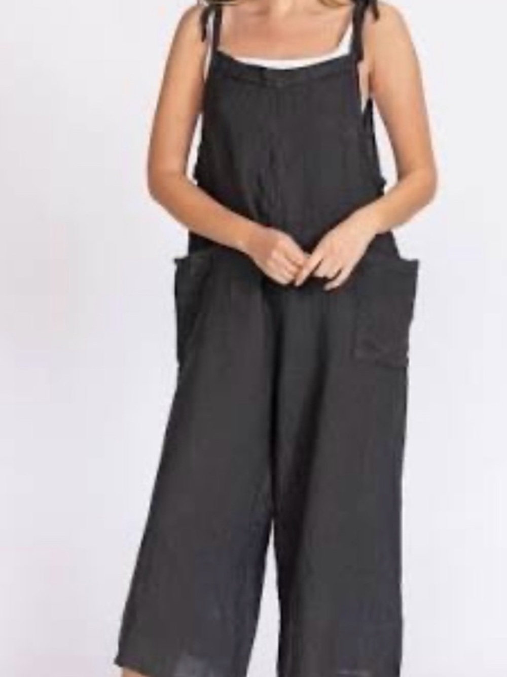 Navy blue linen Wide-Leg Tie-Strap Jumpsuit with Patch Pockets